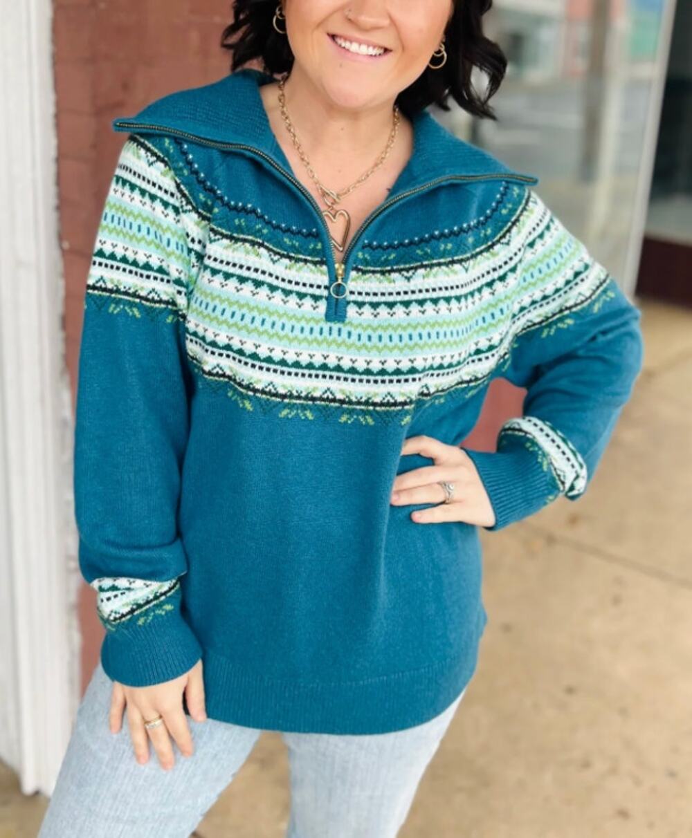 TALBOTS Women's Fair Isle Sweater Large Petite Blue Half-Zip Mock Neck Knit
